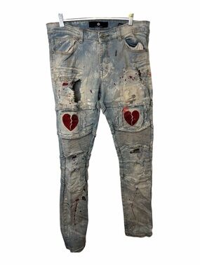 Focus Jeans Broken Heart Distressed Light Blue Jeans with Red Heart Patch